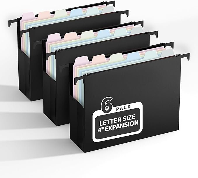Uquelic Plastic Hanging File Folders Letter Size, 6 Pack Reinforced Heavy Duty Hang Folder with Movable Pastel Dividers, Adjustable Tabs, 4" File Organizer for Filing Cabinet, School, Office