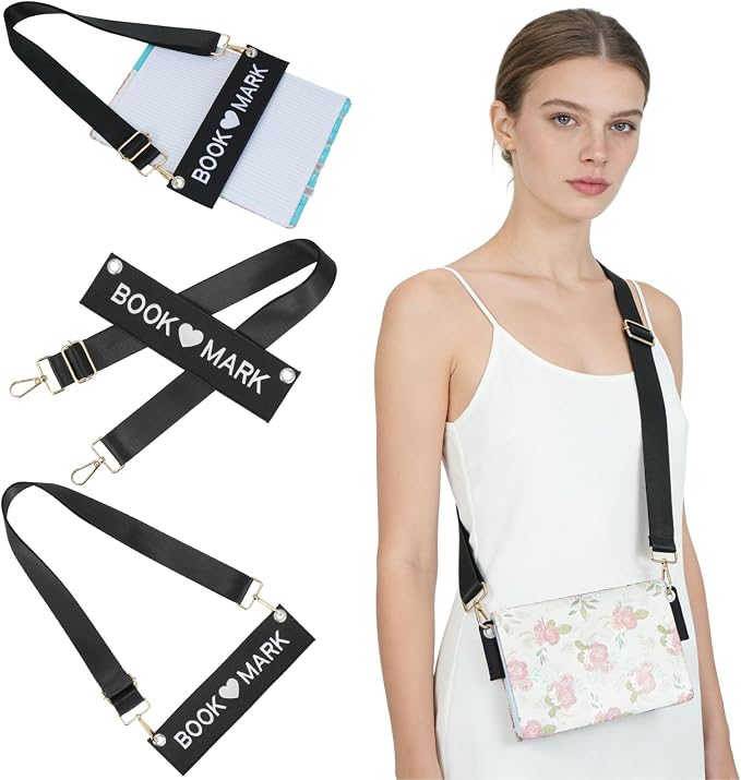 2 Pack Adjustable Crossbody Bookmark with 10 Inch Detachable Strap Embroidered Leather Book Carrier for Women Hands-Free Reading Accessories Book Marks for Book Lovers and Readers