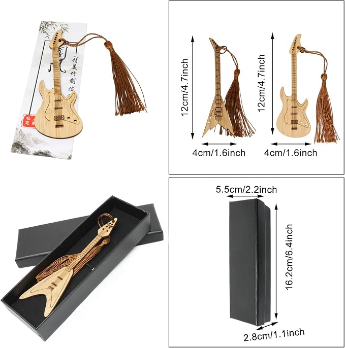 yueton 6PCS Creative Vintage Style Bookmarks Guitar Bass Musical Instruments Bamboo Bookmark with Beautiful Tassels for Office, School, Home, Library and Bookstore Use - with a Gift Box