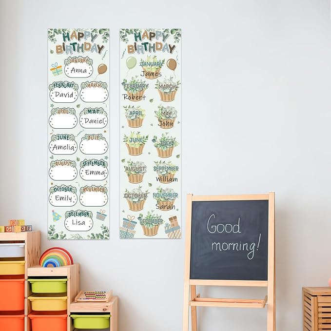 Greenery Eucalyptus Happy Birthday Poster Chart Calendars Bulletin Board Decorations Sage Green Birthday Classroom Wall Door Decor for Bulletin Boards Nursery Home Kindergarten Back to School Supplies
