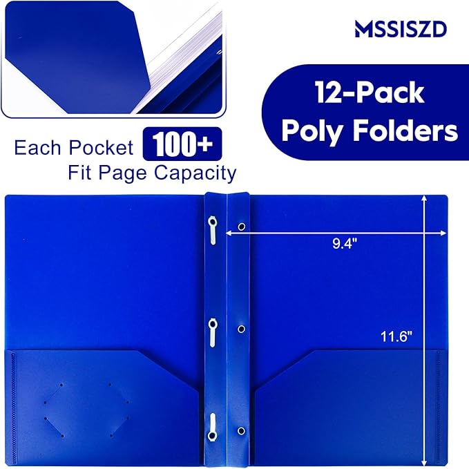Blue Plastic Folders with Pockets and Prongs, 2-Pocket Folders with 3 Fasteners, 6-Pack Holds 8-1/2" x 11" Paper for School/Office/Home