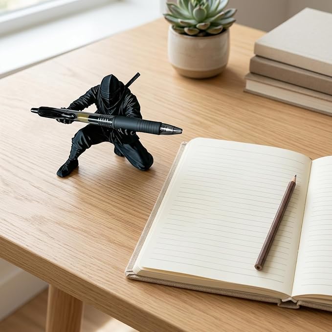 2 PCS Ninja Pen Holder, Ninja Warrior Pen Holder for Desk, Samurai Pen Holder with Sword Pens, Ninja Warrior Accessories for Office and Home Decor, Ninja Figure Pen Stand(Black and Red)