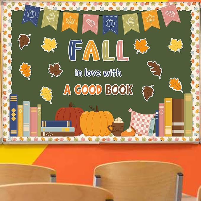 JarThenaAMCS Fall Thanksgiving Reading Bulletin Board Set Boho Autumn Library Book Classroom Decorations Pumpkin Maple Leaves Cutouts for School Chalkboard Wall Door Decor