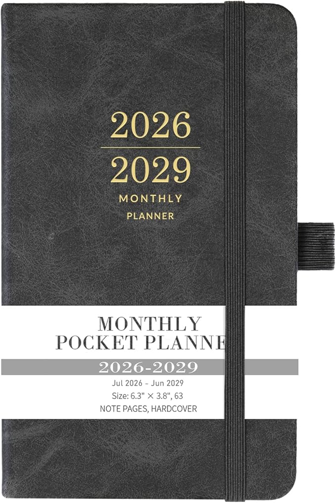 2026-2029 Monthly Planner/Calendar - 3 Year Planner with Faux Leather Cover, Jul 2026 - Dec 2029, Small Pocket Planner for Purse, Pen Holder, 3.8" x 6.3", Inner Pocket, 63 Notes Pages