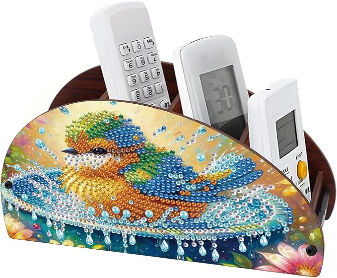 Remote Control Holder with 4 Compartments, DIY Diamond Art Painting Wooden Half Moon TV Control Holder for Remote Controllers, Office Supplies, Makeup Brush, Media Accessories-Bird