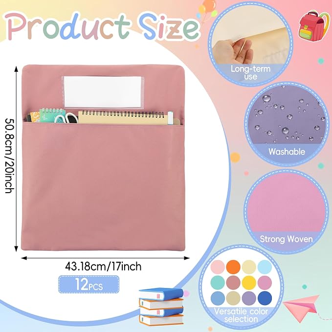 gisgfim 12 Pcs Chair Pockets for Classroom 17 x 20 Inch s with Name Tag for Classroom Chairback Pouch Bag Organizer for Student Elementary School Daycare Supply (Pastel)