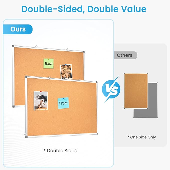 Double-Sided Cork Bulletin Board for Wall, WALGLASS 24" x 18" Hanging Wall Mounted Notice Board, Pin Display Vision Cork Board, Aluminium Framed Message Corkboard for Office, Home, School