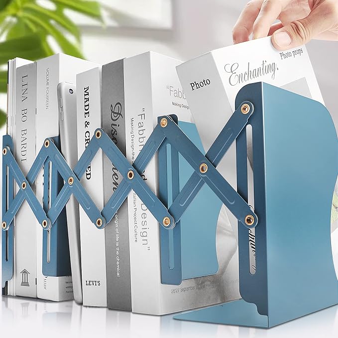 Non Skid Book Ends to Hold Books, Carooyac Heavy Duty Bookends Adjustable Book End, Metal Bookends for Shelves, Blue Book Holders Organizer for Bookshelf Desk - Extends up to 19"