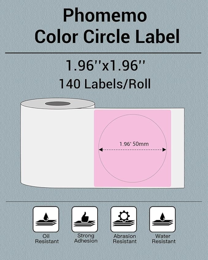 Phomemo Circle Labels for M110/M110S/M120/M200/M220 Label Maker, 1.96" x 1.96"（50x50 mm） Round Thermal Label for Barcode Labels, DIY Logo Design, Black on Pink