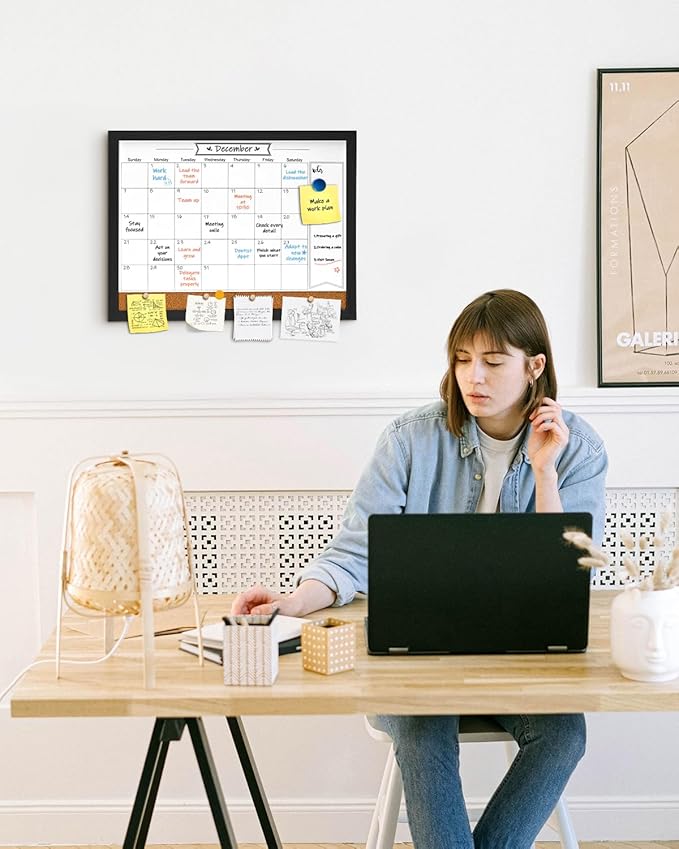 Dry Erase Calendar Whiteboard for Wall, Magnetic 13" x 17" Combination Dry Erase Board & Bulletin Board, 2in1 White Board Cork Board Combo(Black)