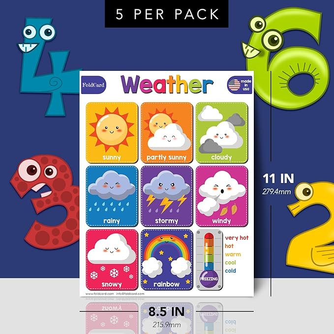 Weather Chart for Preschool to Grade 1 Kids – Bright and Colorful Educational Visual/Learning Aid Poster Decoration for Classroom or Home | Glossy Durable Cardstock | 8.5" x 11" | 5 per Pack