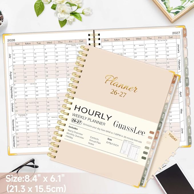 2026-2027 Academic Planner, Weekly & Monthly Appointment Book from Jul. 2026 - Jun. 2027, Work & Life Daily Hourly Planner with Time Slots, A5 Agenda Organizer for Home School Office, Beige,8.4"x 6.1"