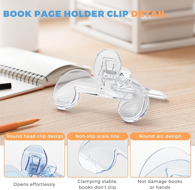 ZZWS Book Clip, Book Page Holder for Reading, 2 PCS Transparent Book Clip Adopts 12° Scientific Rack, Portable Book Clips to Hold Book Open, Fixing Manuscripts, Suitable for Teacher Clerk