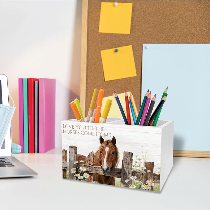 Farmhouse Daisy Horse Pen Holder for Desk, Horse Lover Gifts Pencil Organizer, Love You Til the Horses Come Home Wooden Box Sign Desk Decor for Kids Girls Room Nursery Decoration