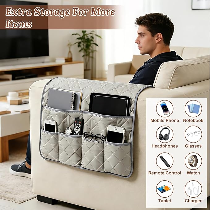 Sofa Armrest Organizer with 6 Pockets, Remote Control Holder for Recliner, Non-Slip Couch Chair Armrest Caddy Bedside Storage for Magazine Book TV Phone iPad Tablet, Grey