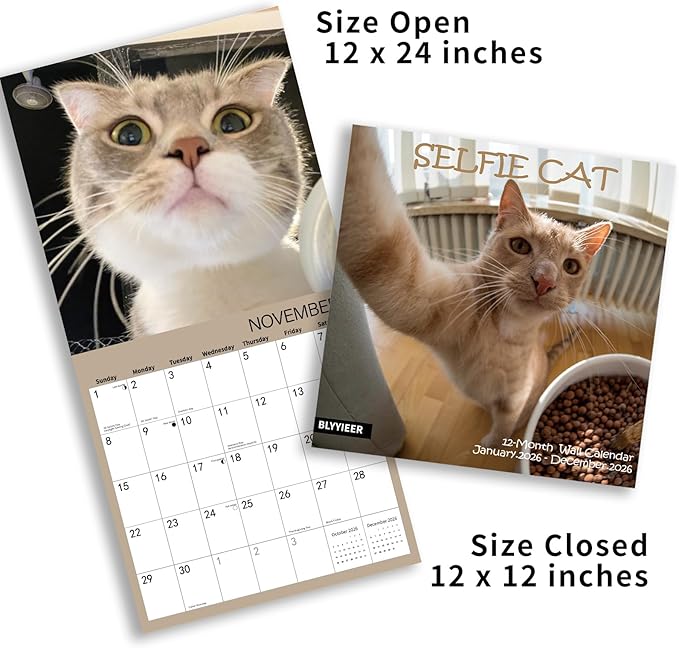 2026 Wall Calendar,Cat Calendar 2026,Selfie cat Monthly Wall Calendar, 12" x 24" Open,Family Planner Calendar Organizer with funny cat Images, for Cats Lovers