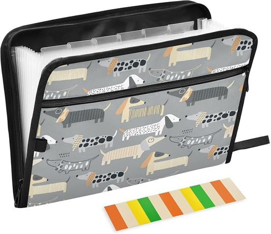 13 Pockets Expanding File Folder Cute Dachshund Grey with Sticky Labels Accordion File Folder Document Organizer Letter Size A4 Papers Expandable File Keeper