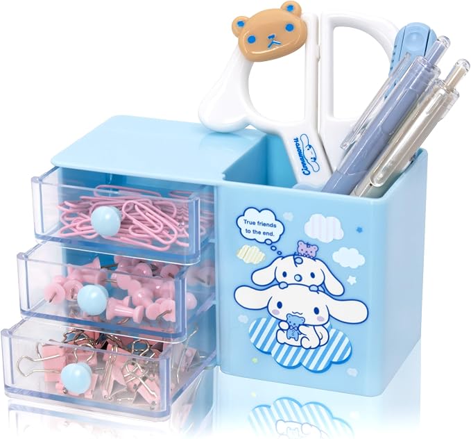 Roffatide Anime Desktop Drawer Desk Cartoon Office Supplies Container Pen Holder for Desk Cute Pencil Cup Pot Makeup Brush Holder Mini Box Blue