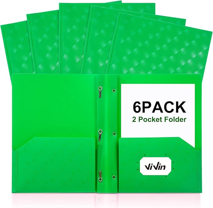 ViVin Plastic Folders with Pockets and Prongs,6 Pack,Heavy Duty 2-Pocket File Folder with 3 Fasteners,Fits Letter Size Paper,for School Home and Office(Bight Green)