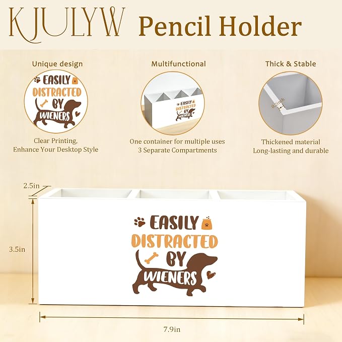 Funny Dachshund Pen Holder for Desk, Weiner Dog Gifts for Women Men, Easily Distracted by Wieners Wooden Box Pencil Pen Holder Organizer for Home Office Desk Accessories