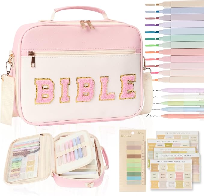 Bible Cover Case for Women Bible Study Supplies Large Preppy Chenille Pink Leather Bible Carrying Tote Bag Letter Bible Case Christmas Christian Gifts for Women Girls (Pink, Large)