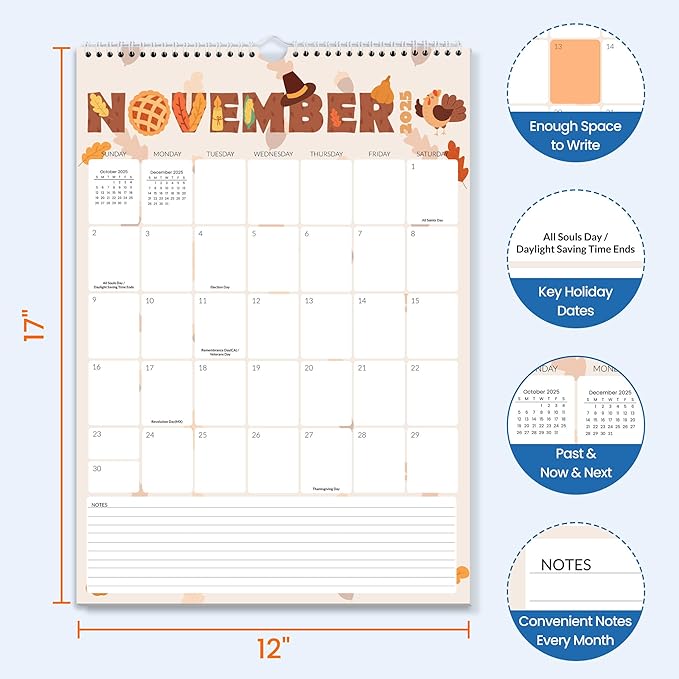 SUNEE Calendar 2026 18 Months Wall Calendar Oct. 2025 - Mar. 2027, 12"x17" Big Hanging Calendar 2026 with Note, Past Month and Next Month for Organizing & Planning, Cute