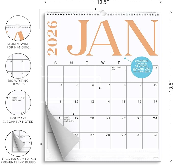 S&O Modern Vertical Wall Calendar from January 2026-June 2027 - Tear-Off Monthly Calendar - 18 Month Academic Wall Planner - Hanging Organizer to Track Anniversaries & Appointments - 13.5"x10.5”in