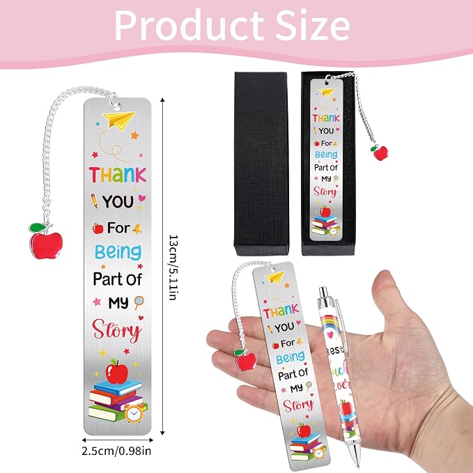 Teacher Bookmark and Pen Gift Set, Thank You Teacher Gifts Metal Book Mark with Charm, Appreciation Christmas Birthday Gifts for Teachers School Office Supplies