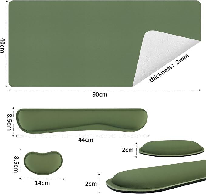 Bloss Keyboard and Mouse Wrist Rest + Leather Desk Mat, Desk Mat for Keyboard and Mouse, Desk Accessories for Women(35.4 x 15.7 Inch,Olive Green)