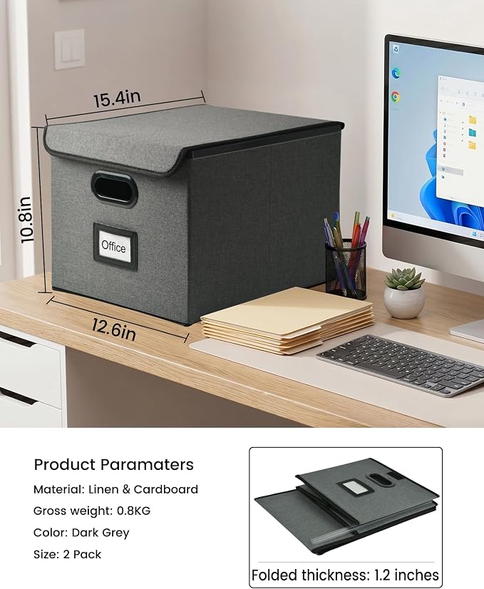 Qerlei File Organizer Boxes with Lids,Collapsible File Folder Organizer with Plastic Slide,Collapsible Filing & Storage Boxes for Office/Decor/Home (Drak grey, 2 Pack)