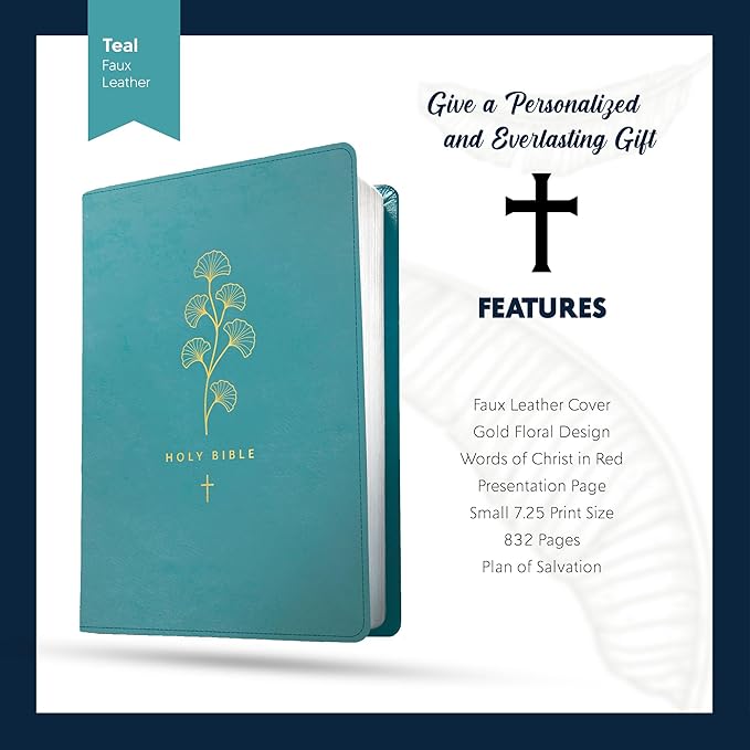 Personalized NLT Bible Faux Leather New Living Translation Bible Small Print Size with Gold Floral Design | Custom with Name, Date or Text | Gift for Religious Celebrations | Teal