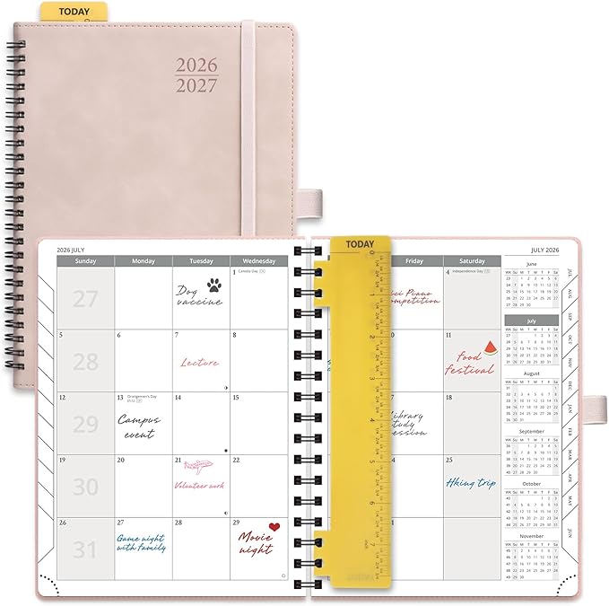POPRUN 2026-2027 Monthly Planner, 6.5" x 8.5", 18 Month Calendar (July 2026 to December 2027) with Expense Tracker, Notes Pages, Sprial Bound, Leather Softcover - Pink