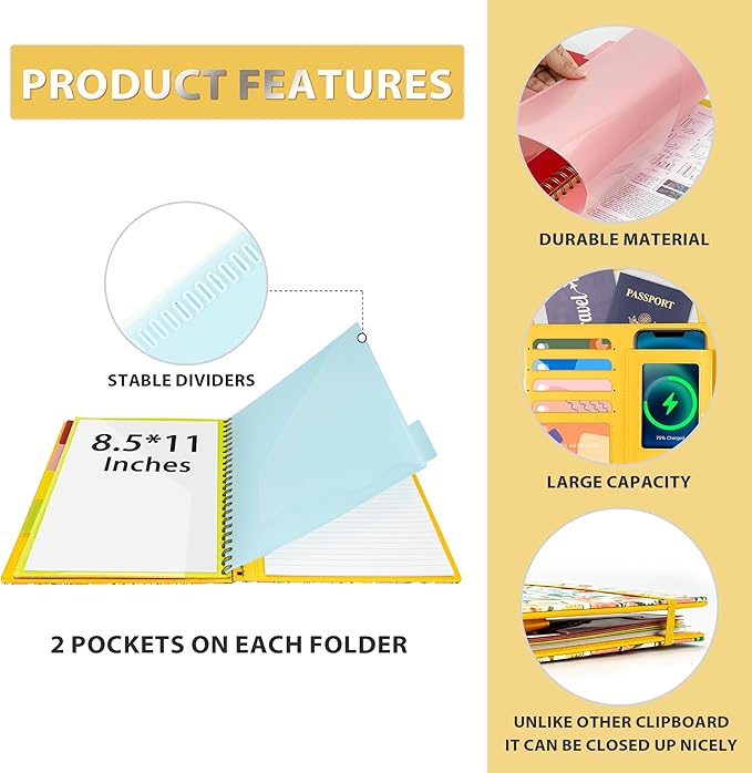 Ospelelf Clipboard with Storage for Men Women, Leather Padfolio Portfolio Organizer 5 Folders with 10 Pockets, Spiral Clipboard Folio with Notepad for Letter Size, Elastic Closure and Pen Loop Floral