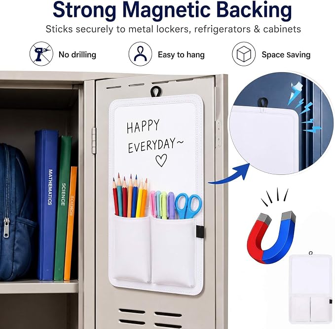 Briwooody Magnetic Locker Organizer 7.8 x 12.6 Inch Locker Accessories Magnetic White Board with Holder Bag Back to School Holder Bag First Day of School Supplies for Cabinet Refrigerator(White)