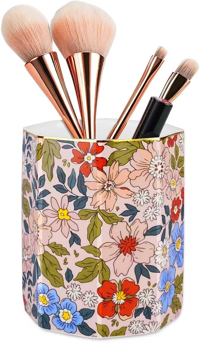 Pen Holder, Makeup Brush Holder Ceramic Gold Vintage Floral Flowers Pattern Pencil Cup for Girls Kids Women Durable Stand Desk Organizer Storage Gift for Office, Classroom, Home Retro Pink