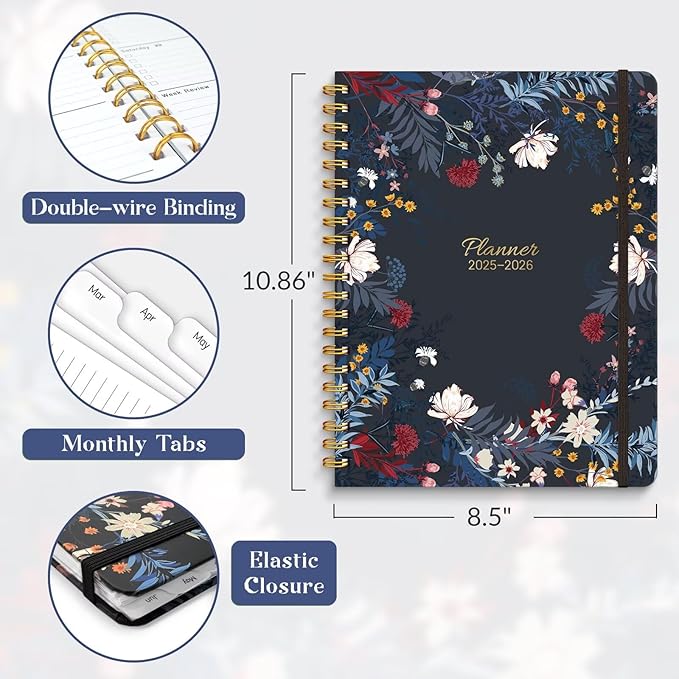 Lonely Oak Academic Planner 2025-2026, Daily Weekly and Monthly Calendar Planner 8.5" x 11" with Tabs, Spiral School Year A4 Agenda from JUL.2025 to JUN.2026 for Student and Teacher (Black Bloss)