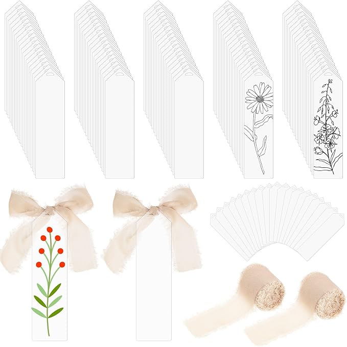 Yeaqee 100 Pcs Acrylic Bookmark Blanks Clear Bookmarks Acrylic Tags with 2 Rolls Ribbon DIY Craft Transparent Bookmark for Reading Lovers for School Presents(5.9 x 1.6 Inch,Champagne)