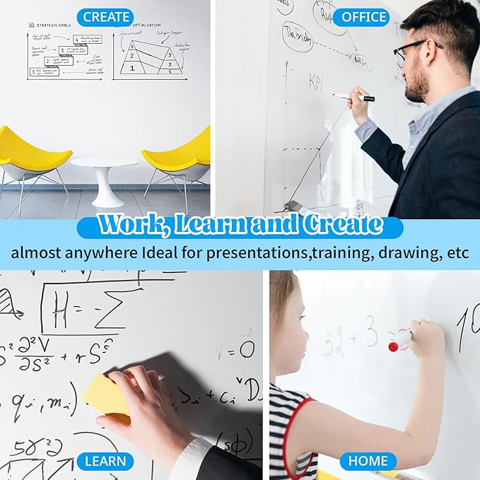 24in x 100ft Static Cling White Board Dry Erase Wallpaper Sticker, Removable Reusable Whiteboard Paper for Wall, No Adhesive No Residue, Stain-Proof White Board Dry Erase Roll for Office, Classroom