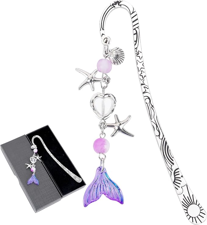 Fantasy Fish Tail Bookmark - Charm Purple Aesthetic Book Marks Cute Silver Chain Pendant Tassel Metal Bookmarks Reading Women Girls Kids Students Teachers Thank Valentines Gift Accessories