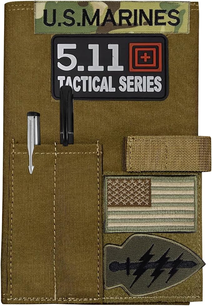 OCP Military Book Cover, Tactical Notebook Cover for 5.5”X 7.5” Journal Notebook Cover, OCP Green Book Cover, Field Notes Ring Binder, Folder Planners, Legal Pads with Pen Holder (Brown)