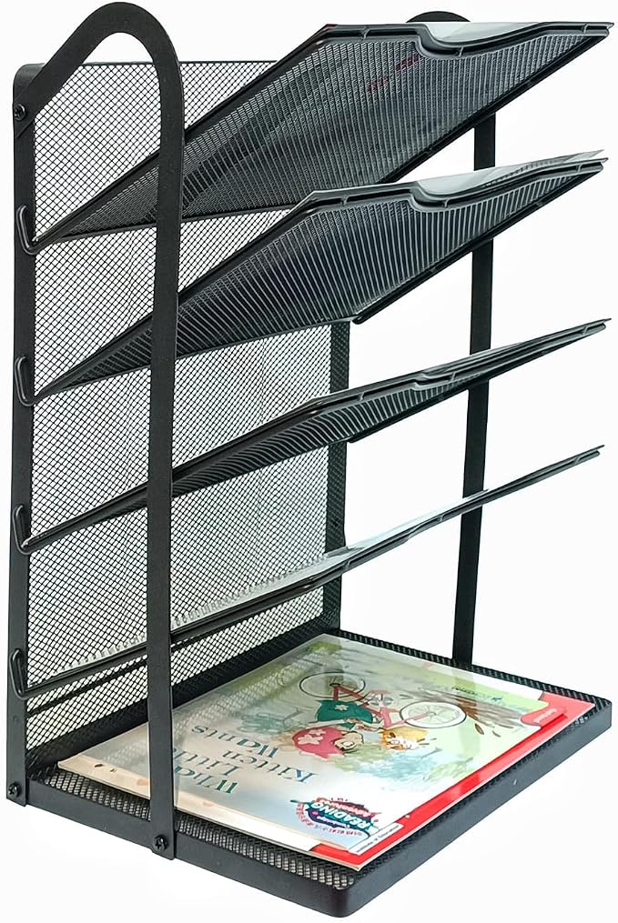 5 Tier Mesh Desk Organizer Letter Tray-Angled File Holder,Black | Metal Office Desk file Organizer with Handle,Paper Sorter Organizer for Office,Home,Classroom or School