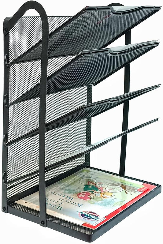 5 Tier Mesh Desk Organizer Letter Tray-Angled File Holder,Black | Metal Office Desk file Organizer with Handle,Paper Sorter Organizer for Office,Home,Classroom or School