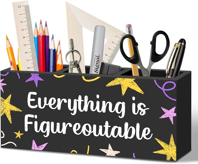 WODMIS Motivational Everything Is Figureoutable Pen Pencil Holder for Desk, Inspirational Gifts for Women Men Wooden Box Organizer Decorations for Home Office Desk Accessories Tabletop