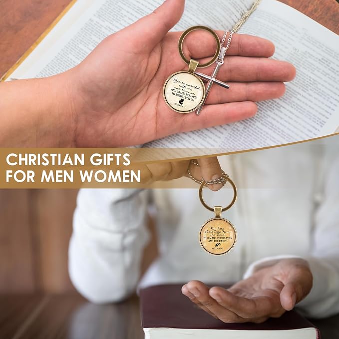 Junkin 25 Set Christian Keychain Gift Bulk for Men Fathers Day Church Bible Emergency Numbers Bookmark Bible Verse Keychain for Men Women Father Friends Coworkers (Vintage)