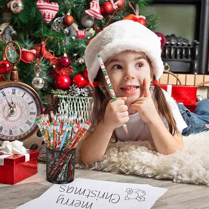 SULOLI 64 Pcs Christmas Pencils with Eraser, Xmas Themed Pencil with Santa Claus, Elk, Christmas Tree and Snowflake for Children Christmas Party Supplies(8 Styles)