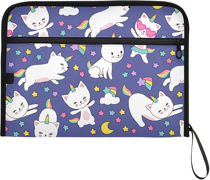 13 Pockets Expanding File Folder Cats Unicorn Rainbow Cute with Sticky Labels Accordion File Folder Document Organizer Letter Size A4 Papers Expandable File Keeper