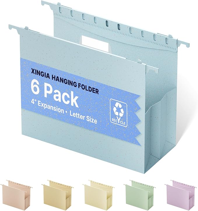 XINGIA 4'' Expandable Hanging File Folders Letter Size, 6 Pack Wheat Straw Heavy Duty Hanging Files with Tabs,Extra Capacity File Cabinet Organizer for Office,Wide Hang File Folders for File Frame,Box