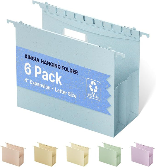 XINGIA Hanging File Folders Letter Size, 6 Pack Plastic Hanging Folders with Heavy Duty 4 Inch Expansion, Extra Capacity File Cabinet Organizer for Office, School, Home - 1/5 Cut Adjustable Tabs