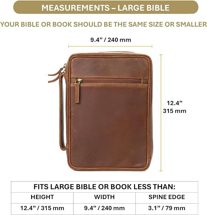 Sovereign-Gear Large Leather Bible Cover - Genuine Buffalo Leather with Handle, Zipper, Storage Pockets, Bookmark & AirTag Compatible Holder - Stylish Bible Carrying Case for Men & Women