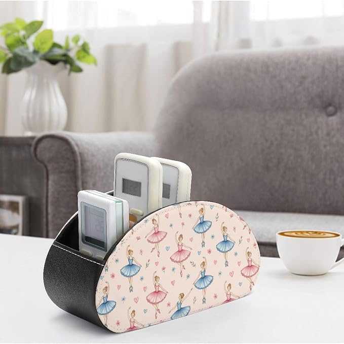 5-Compartment Remote Caddy, PU Leather Storage Box for TV Controllers, Media Players, and Office Desk Organizer, Ballerina Girls Pink